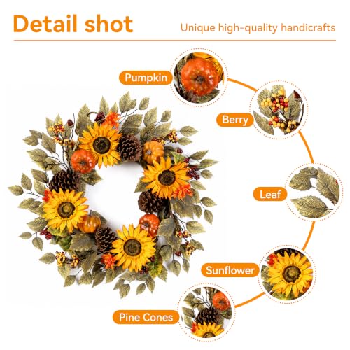 20" Fall Wreath Front Door Pumpkin Sunflower Pine Cones Wall Decor (Brown / 20'')