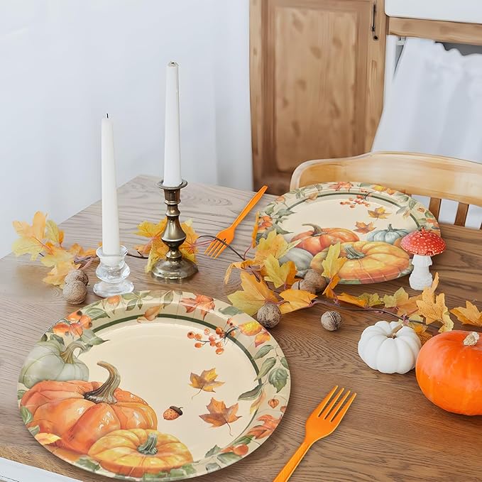 96 Pcs Thanksgiving Pumpkin Tableware Set – Disposable Fall Harvest Dinnerware with Rustic Paper Plates, Napkins, and Orange Forks for Thanksgiving Dinner, Friendsgiving, and Autumn Party – Serves 24