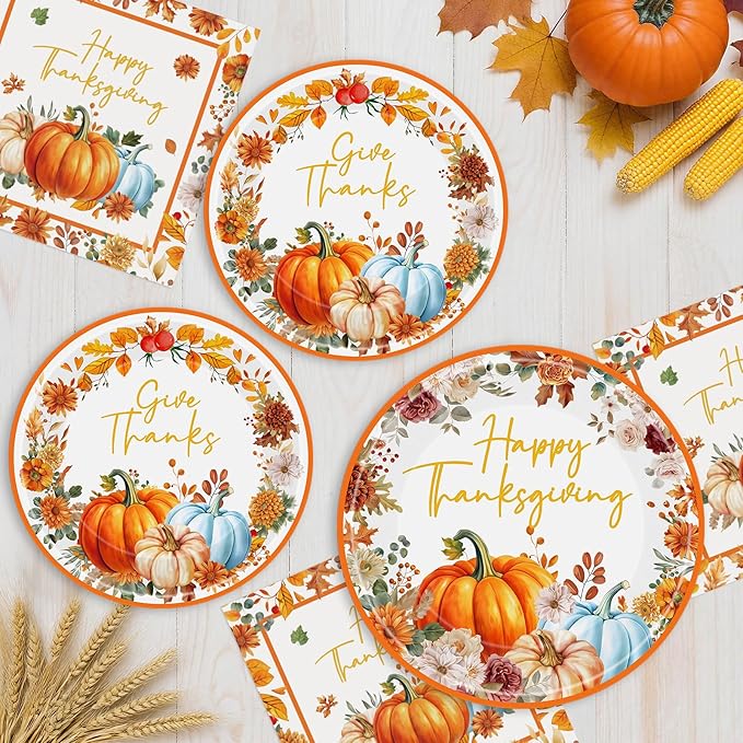 40 Pcs Happy Thanksgiving Paper Plates and Napkins Sets - Disposable Fall Thanksgiving Party Plates Napkins, Maple Leaf Pumpkin Watercolor Tableware for Thanks Giving Party Supplies Table Decorations