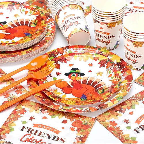 168 Pcs Thanksgiving Party Supplies Disoposable Friendsgiving Tableware Set Turkey Paper Plates and Pumpkin Leaf Cups and Napkins for Fall Thanksgiving Friendsgiving Party Decorations
