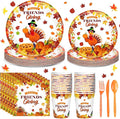 168 Pcs Thanksgiving Party Supplies Disoposable Friendsgiving Tableware Set Turkey Paper Plates and Pumpkin Leaf Cups and Napkins for Fall Thanksgiving Friendsgiving Party Decorations