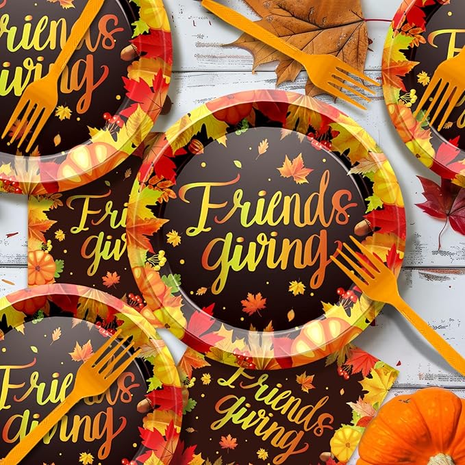 96 Pcs Friendsgiving Plates and Napkins Disposable Fall Thanksgiving Pattern Party Decorations Tableware for Autumn Harvest Friendsgiving Dinner Party Supplies