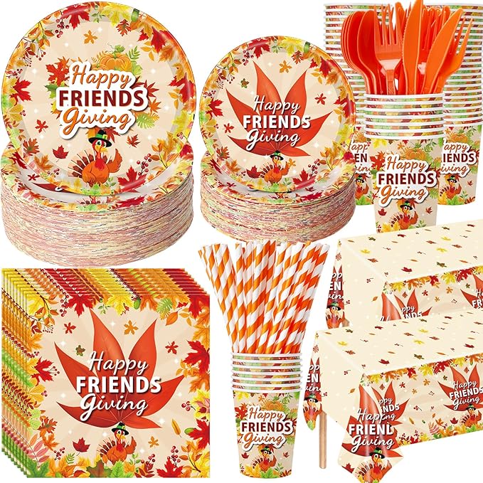 Funnymoom 452 Pcs Happy Friendsgiving Party Decoration for 50, Fall Maple Leaf Friends Giving Paper Plates Napkins Cups Tablecloth Cutlery Straws for Autumn Friendsgiving Thanksgiving Party Supplies