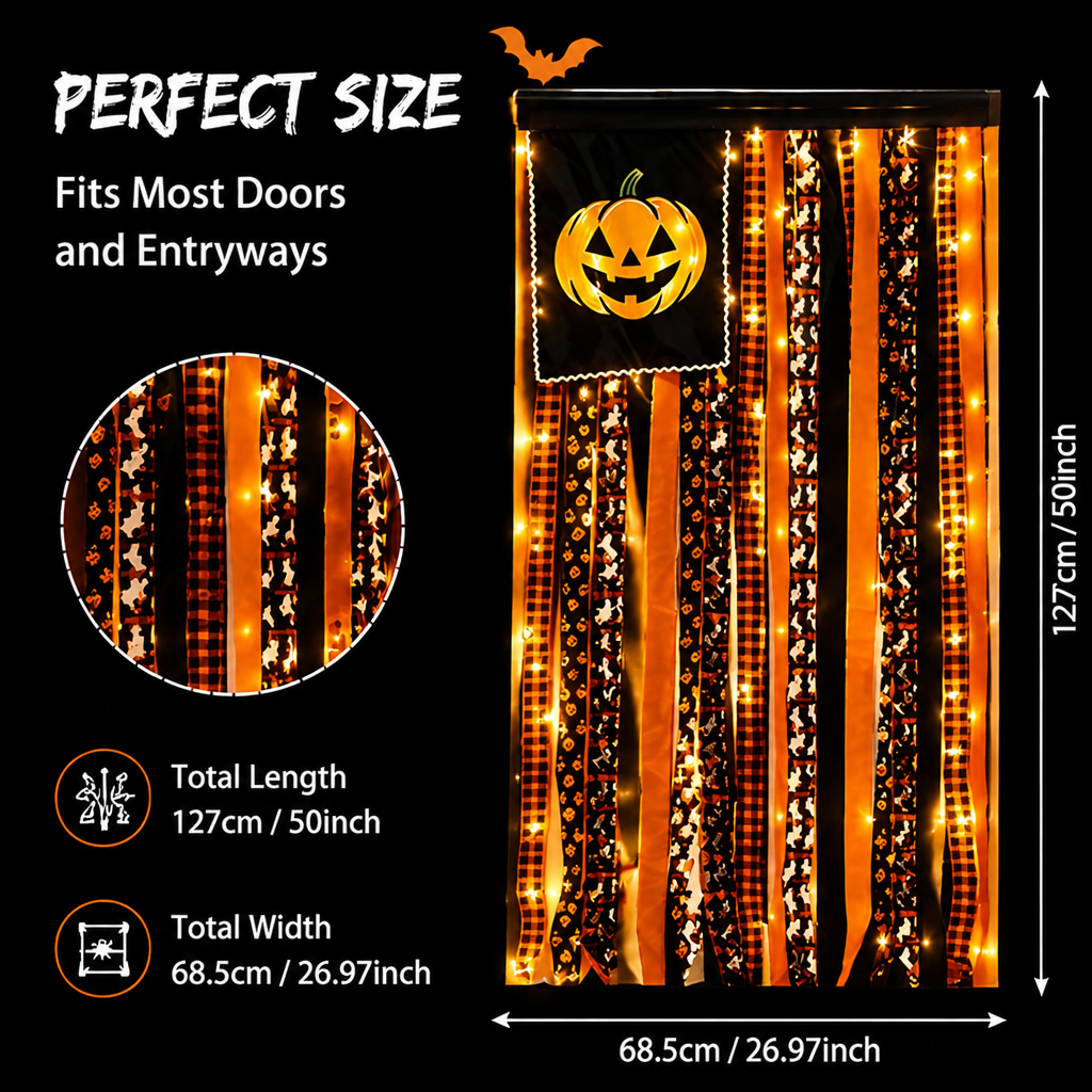 Halloween Pumpkin Ghost Bat Cotton Tassel Wall Banner - Vintage Fabric Hanging Decor For Window, Entryway & Party Display