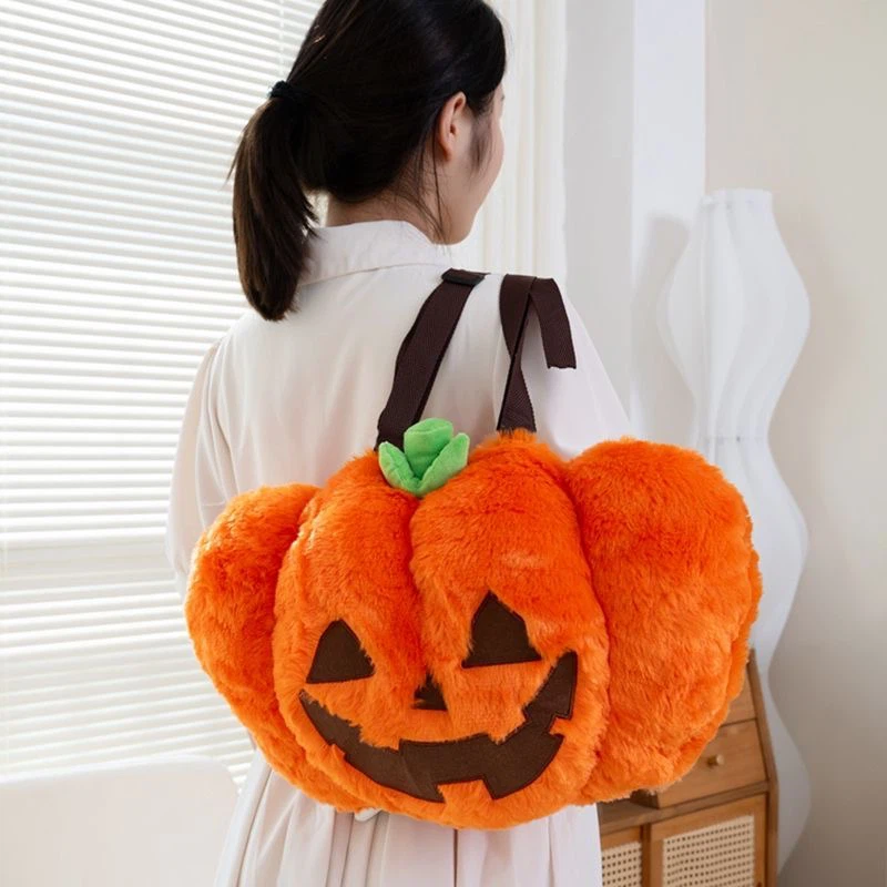 Halloween Plush Pumpkin Backpack, Jack-o'-lantern Soft Furry Shoulder Bag