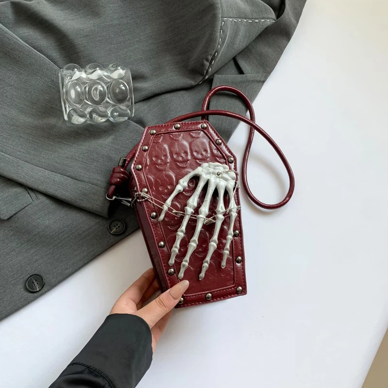 Gothic Coffin Crossbody Bag, Skull Embossed Purse with 3D Skeleton Hand
