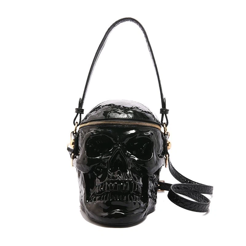 3D Skull Crossbody Bag, Gothic Patent Leather Skeleton Shoulder Purse