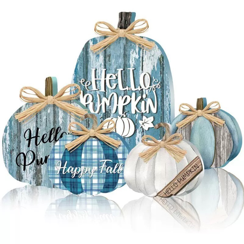 Fall Wooden Pumpkin Table Decor Set of 5, Rustic Farmhouse Pumpkin Sign with Bow, Thanksgiving Harvest Tiered Tray Decor for Home Tabletop