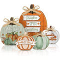 Fall Wooden Pumpkin Table Decor Set of 5, Rustic Farmhouse Pumpkin Sign with Bow, Thanksgiving Harvest Tiered Tray Decor for Home Tabletop