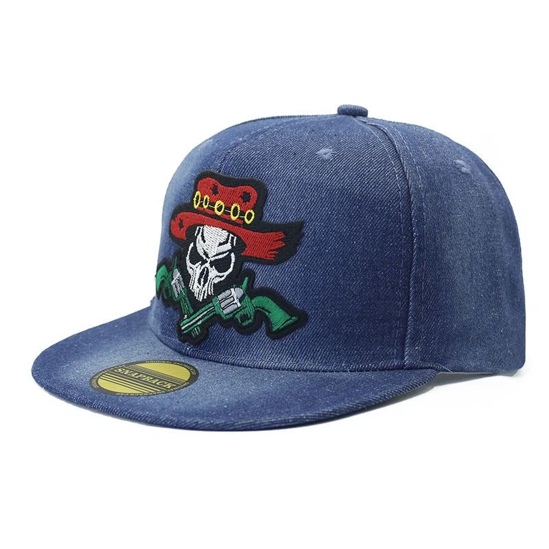 Cowboy Skull Cross Gun Embroidered Snapback Hat 3 Colors, Western Flat Brim Cap, One Size 56-58cm Head Circumference