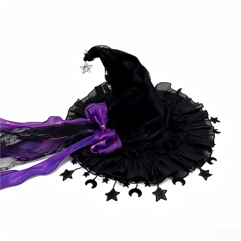 Gothic Lolita Witch Hat with Star & Moon Charms, Ruffled Lace Wizard Hat with Long Ribbon